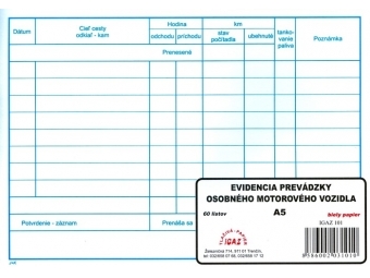 Tlačivo Evidencia prevádzky osob. motorového vozidla A5 (sada=60hár)