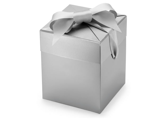 Krabička darčeková s mašľou 140x140x163 mm perleťovo sivá farba, bal-25ks