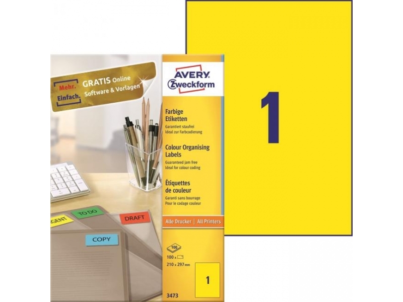 Avery Etikety univerzálne 210x297mm/A4,žlté (bal=100hár)